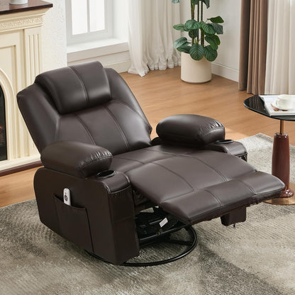 Oversized Swivel Rocker Recliner Chair With Heat And Massage, 360 Degree Swivel Rocking Single Sofa With Cup Holders And USB Port
