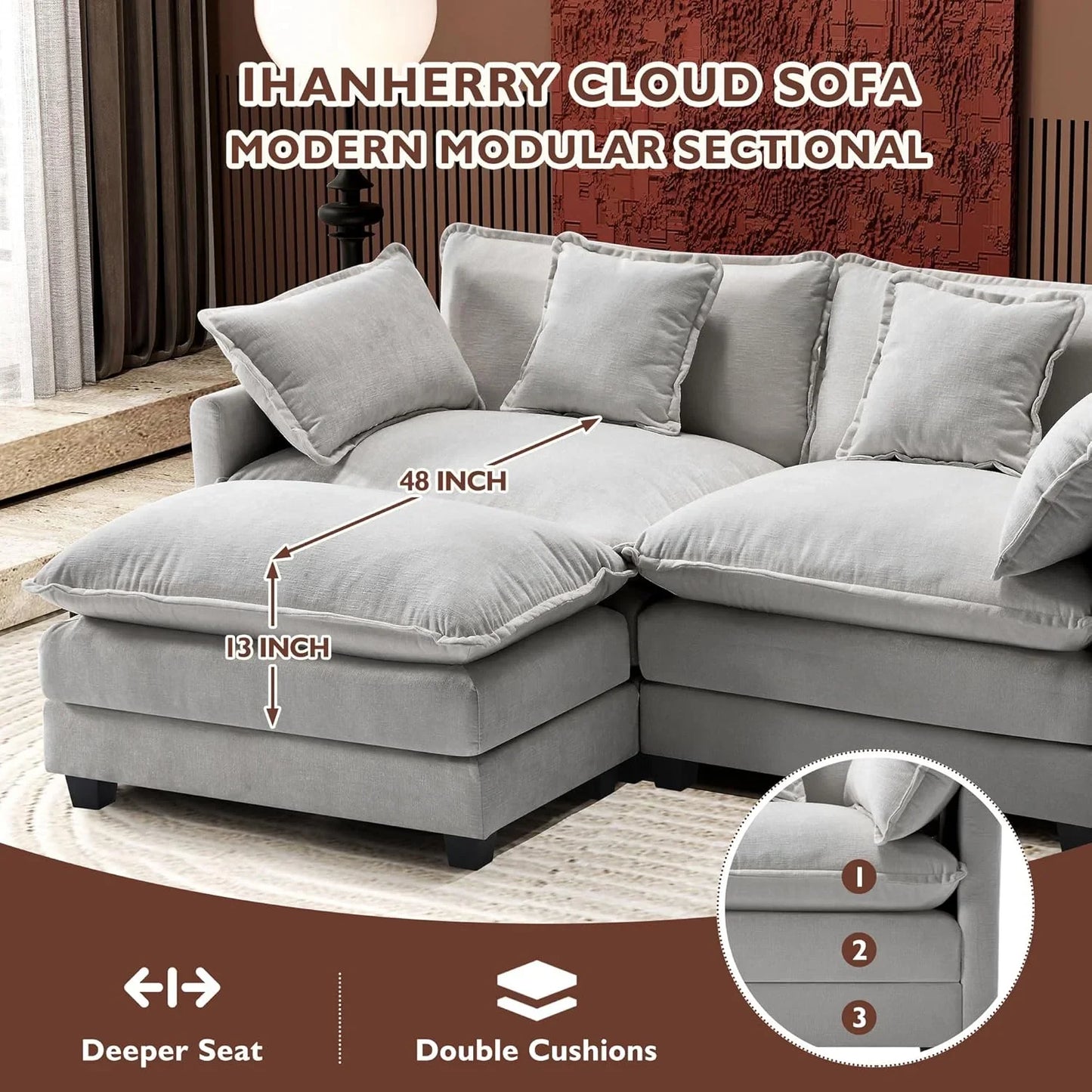Ihanherry 146 In. U-Shaped Modern Sofa Modular Sectional Cloud Couch With 2 Ottoman