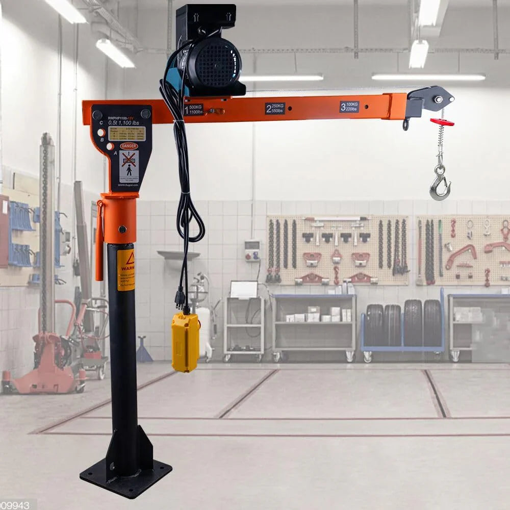 1100lb Folding Dismountable Household Hoist Truck Crane With Electric Hoist, 110V, 880lb Pulling Force, Jib Cranes For Factory, Warehouse