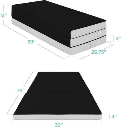 Best Choice Products 4 In. Portable Queen-Size Mattress, Tri-Fold Mattress For Camping, Guest, Toddler, Foam Plush w/Carry Case- Grey