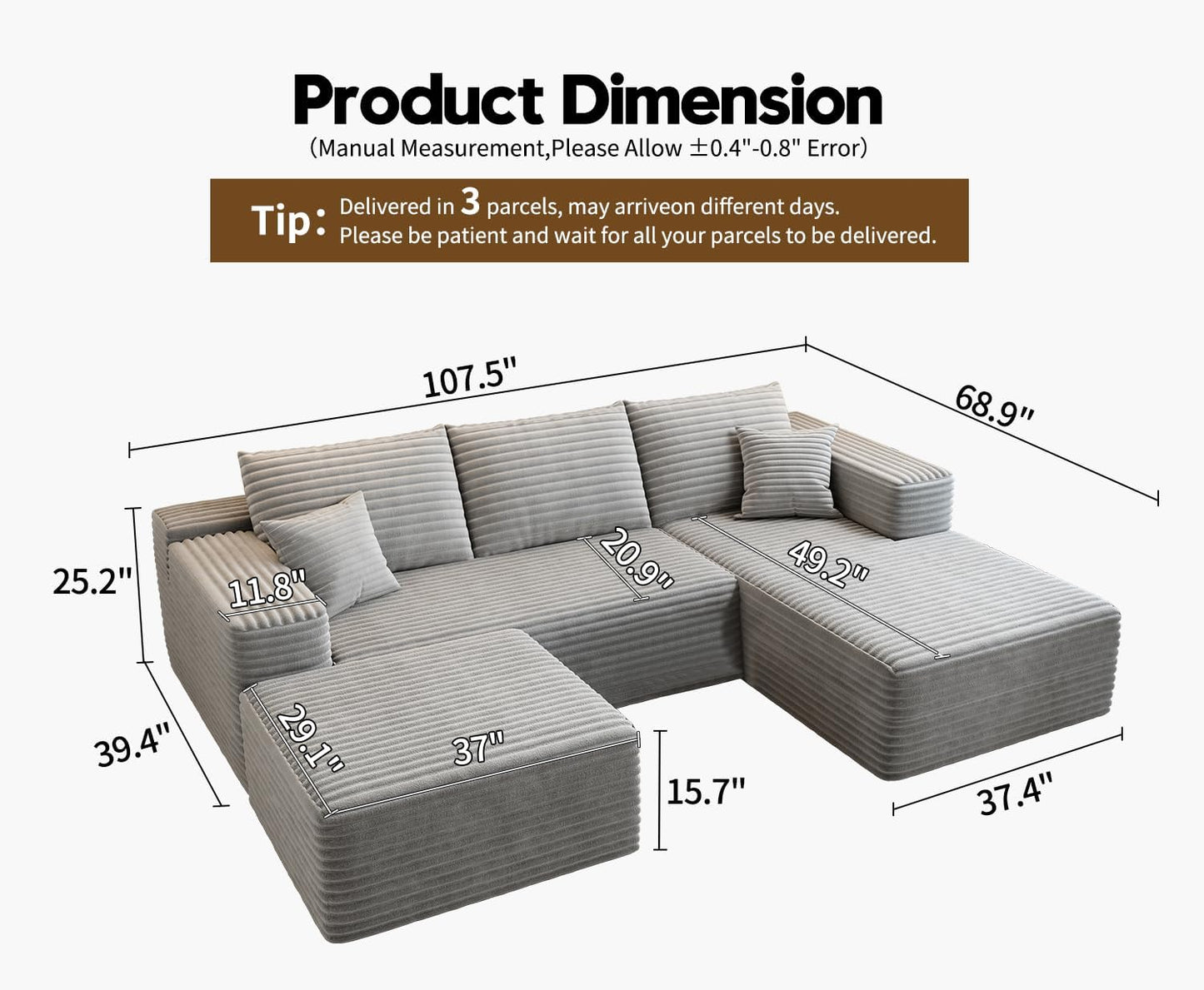 107.5 In. Cloud Modular Sectional Sofa Couch With L-Shape Chaise, Modern Minimalist Upholstered Couches For Living Room Bedroom