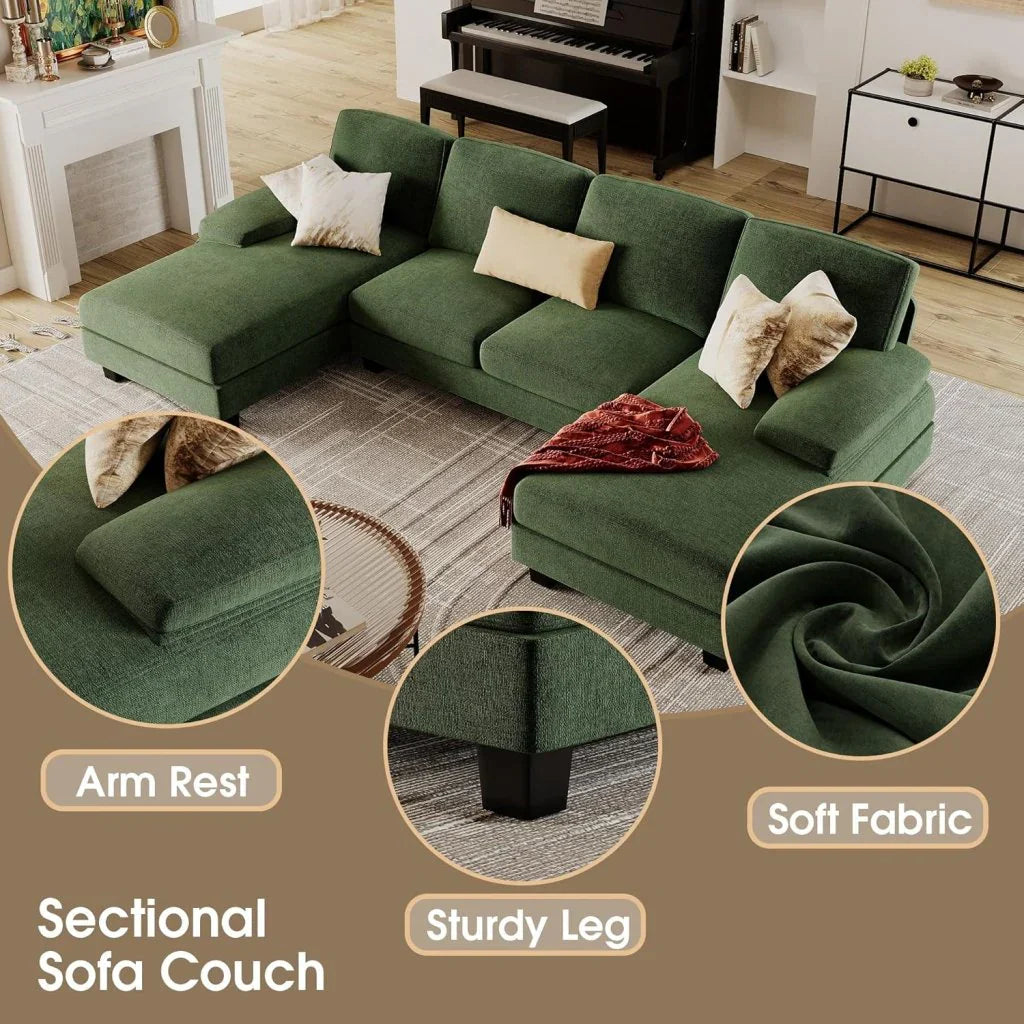 Furmax Sectional Couches For Living Room, U-Shaped Sofa Couch With Linen Fabric, 4 Seat Sofa Set With Double Chaise For Apartment, Fabric, Grey