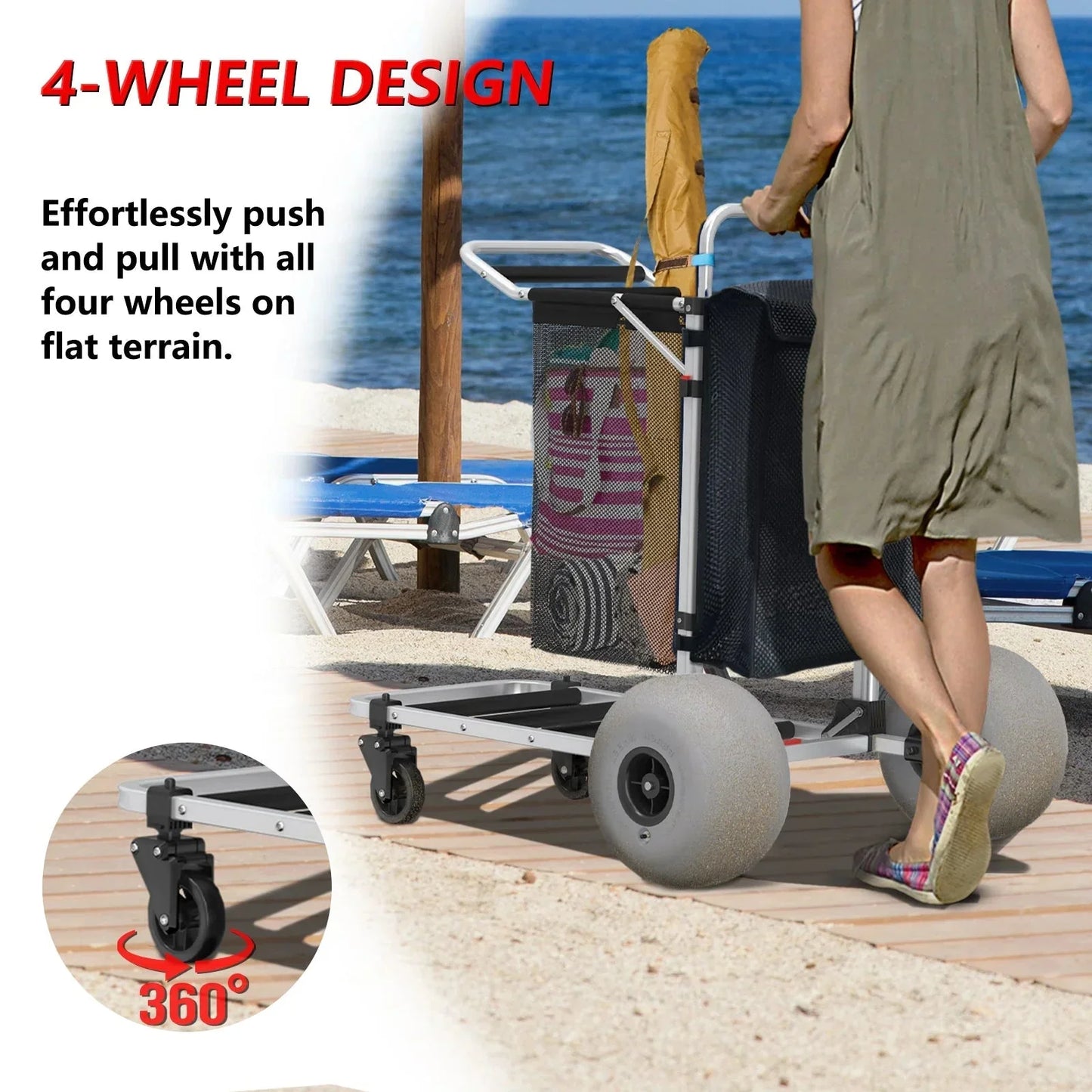 Foldable Beach Cart With Adjustable Handle And 12 In. Balloon Wheels, Heavy Duty Aluminum 220lbs Capacity