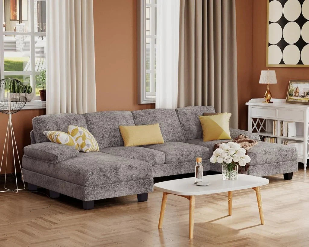 Furmax Sectional Couches For Living Room, U-Shaped Sofa Couch With Linen Fabric, 4 Seat Sofa Set With Double Chaise For Apartment, Fabric, Grey