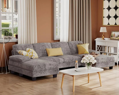 Furmax Sectional Couches For Living Room, U-Shaped Sofa Couch With Linen Fabric, 4 Seat Sofa Set With Double Chaise For Apartment, Fabric, Grey