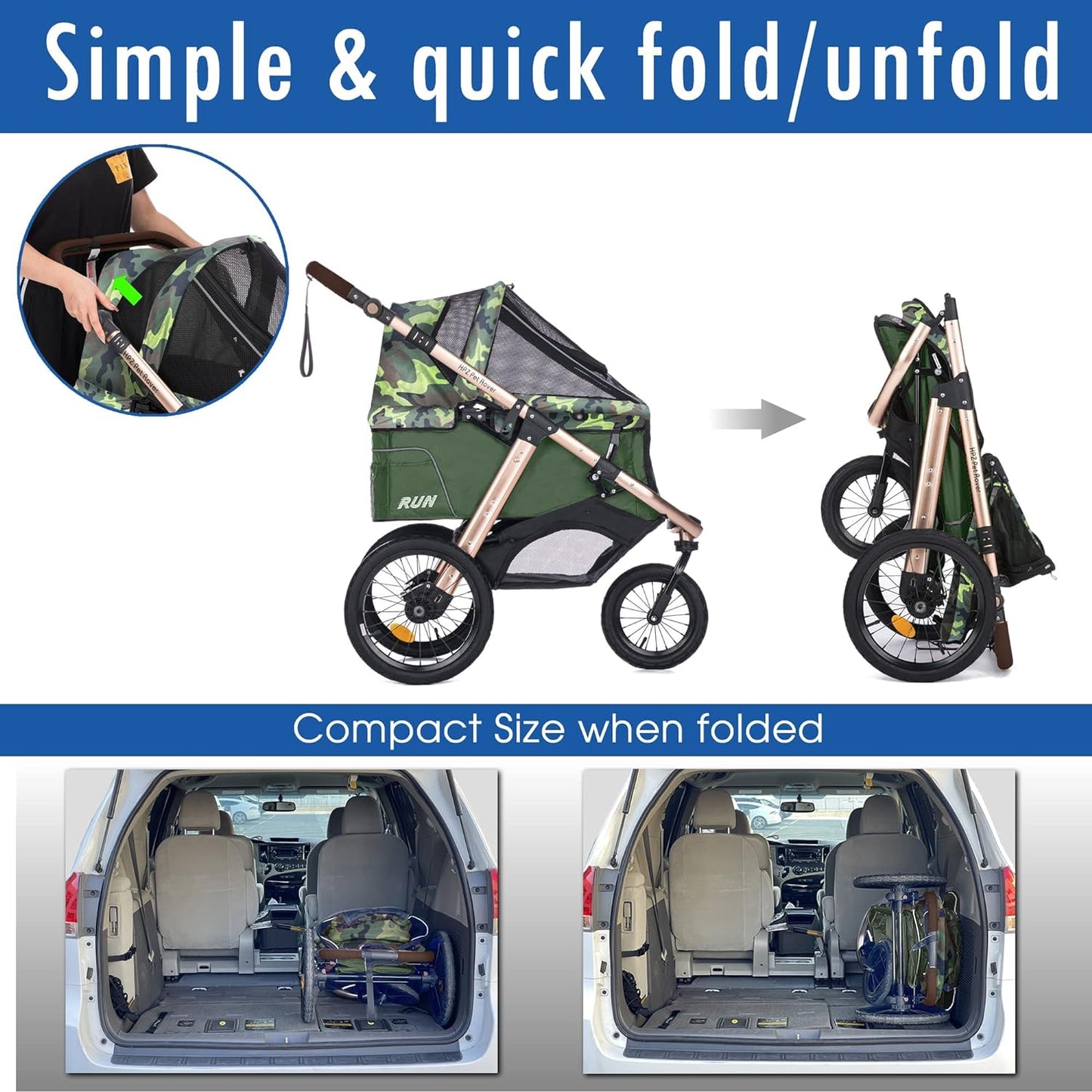 Jogging Sports Stroller With Comfort Rubber Wheels/Zipper-Less Entry/1-Hand Quick Fold/Aluminum Frame For Small/Medium Dogs Cats And Pets, Green Camo
