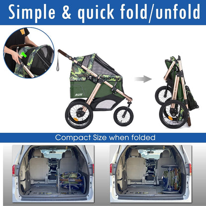 Jogging Sports Stroller With Comfort Rubber Wheels/Zipper-Less Entry/1-Hand Quick Fold/Aluminum Frame For Small/Medium Dogs Cats And Pets, Green Camo