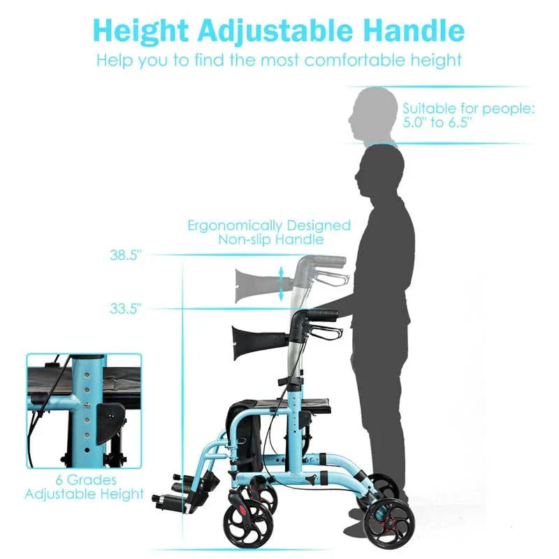 2-in-1 Rollator Walker Wheelchair Folding Medical Walker Aluminum Transport Chair Mobility Walking Aid- Comfortable And Ergonomic Design