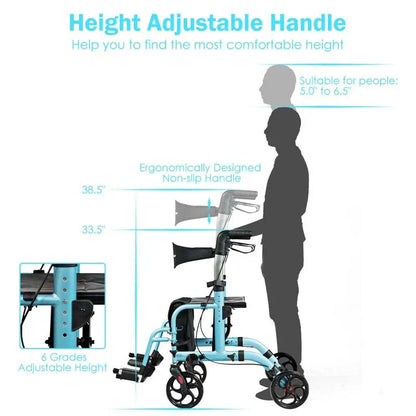 2-in-1 Rollator Walker Wheelchair Folding Medical Walker Aluminum Transport Chair Mobility Walking Aid- Comfortable And Ergonomic Design