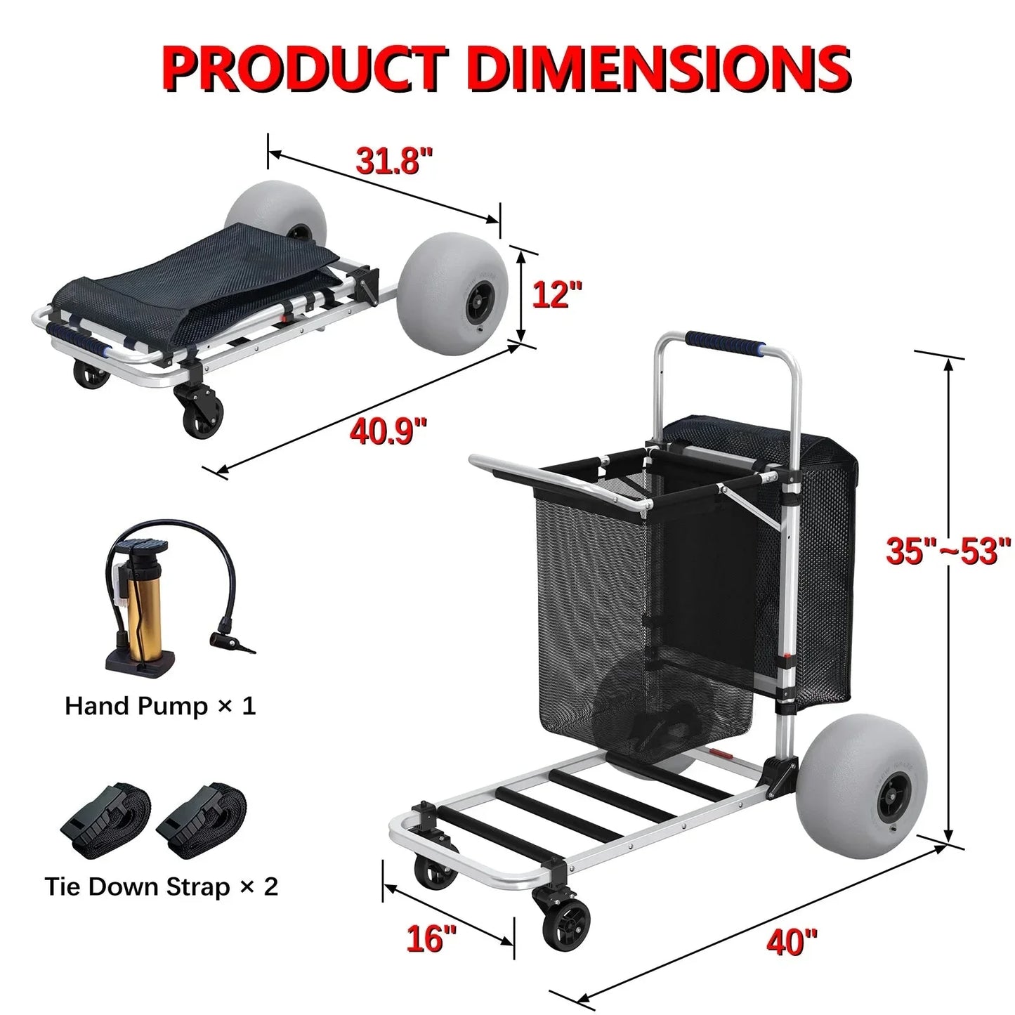 Foldable Beach Cart With Adjustable Handle And 12 In. Balloon Wheels, Heavy Duty Aluminum 220lbs Capacity