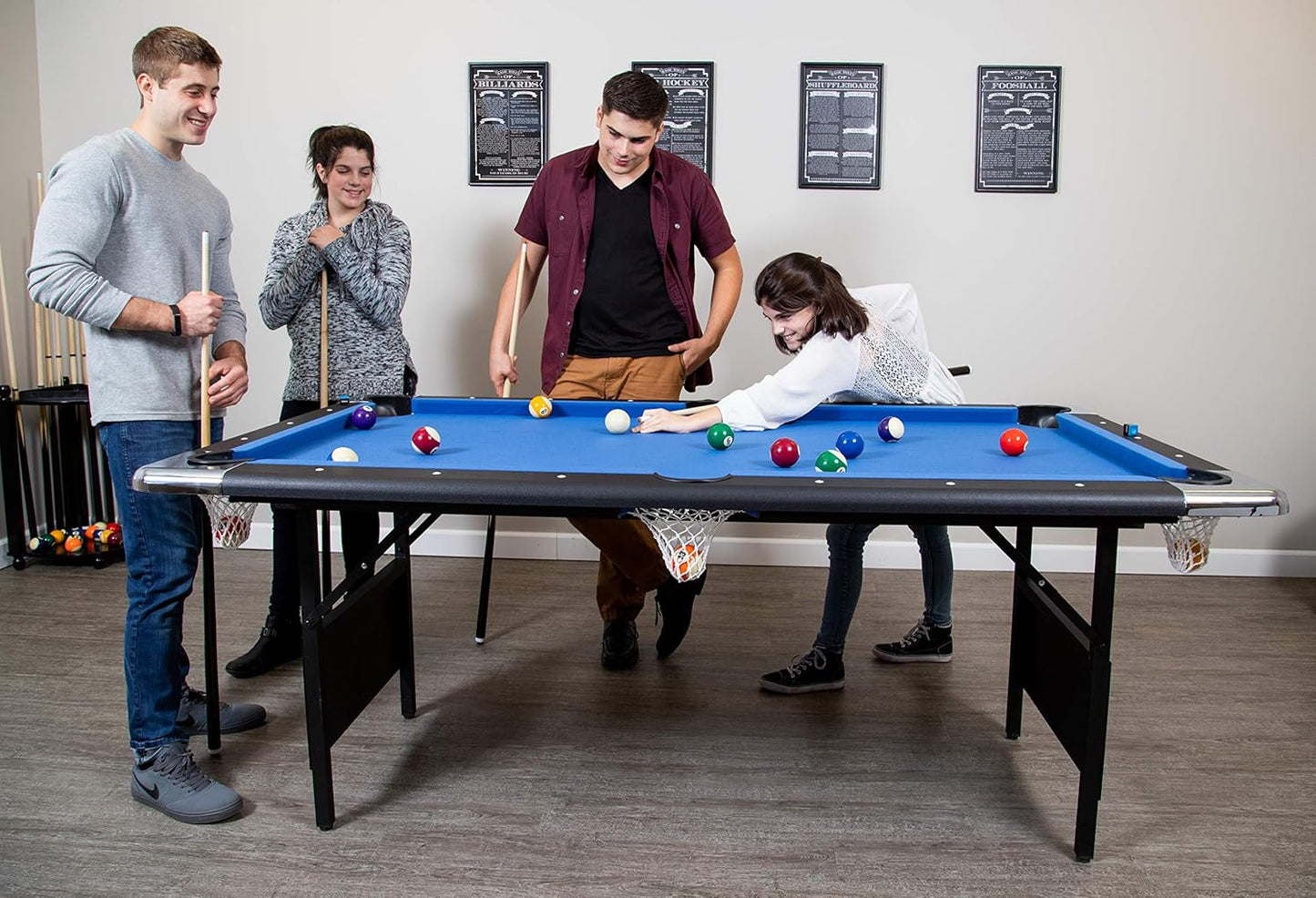 6 Ft. Portable Pool Table, Adults Folding Billiards Tables For Game Room With Easy Foldable Storage, Includes Full Set Of Billiard Balls, Cues