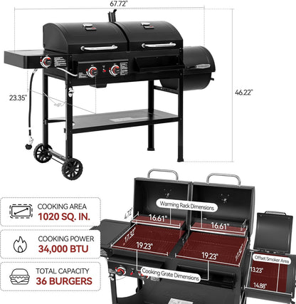 2-Burner Gas And Charcoal Combo Grill With Smoker And Side Burner, 34,000 BTU, 1020 Sq. In., Black