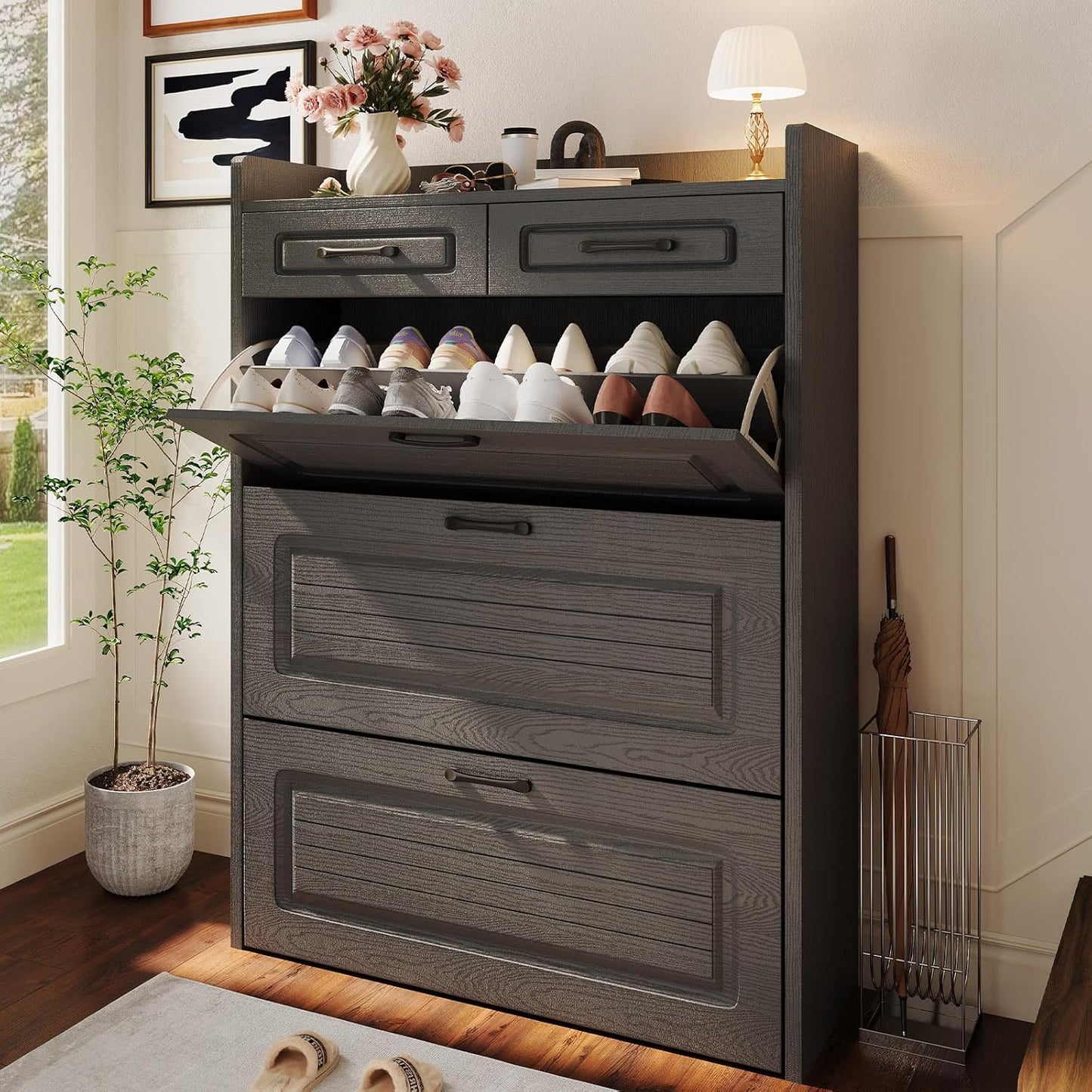 Shoe Cabinet With 3 Large Flip Drawers And 2 Storage Drawers, Narrow Shoe Organizer Cabinet Fits