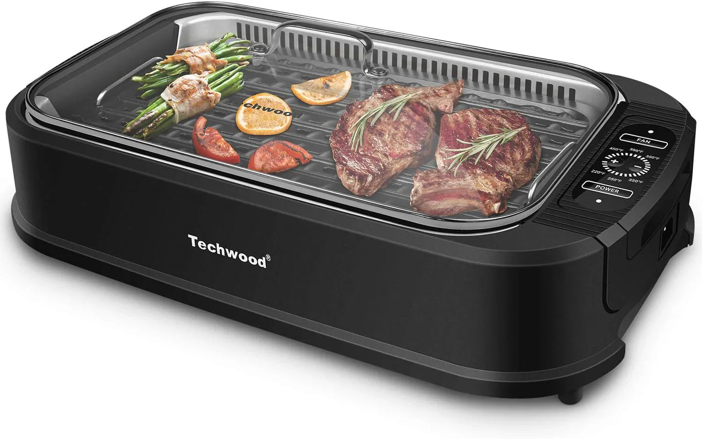 Indoor Grill, Techwood 1500W Smokeless Electric Grill With Tempered Glass Lid, Compact And Portable Non-Stick Bbq Grill With 6-Level Control