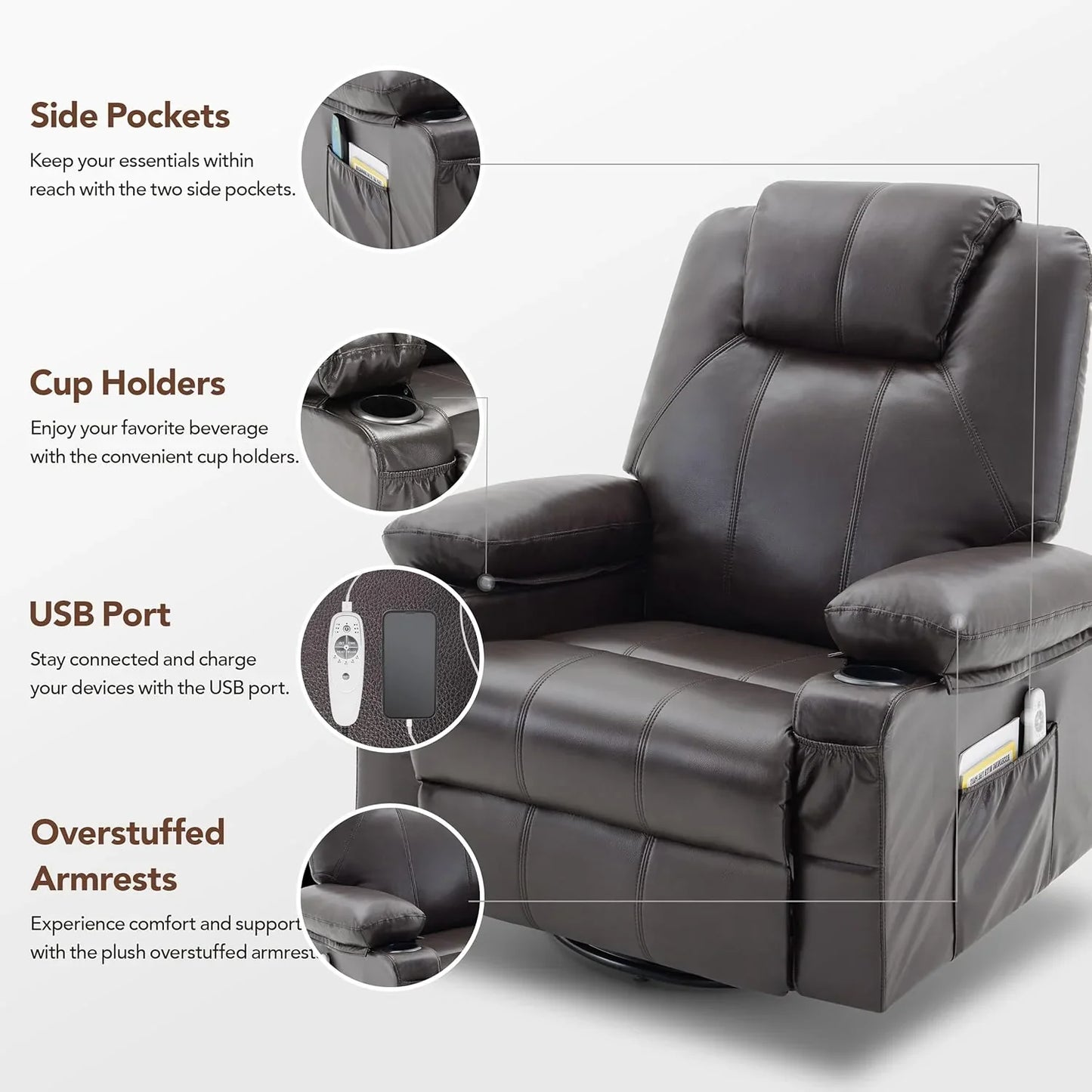 Oversized Swivel Rocker Recliner Chair With Heat And Massage, 360 Degree Swivel Rocking Single Sofa With Cup Holders And USB Port
