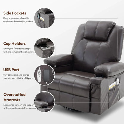 Oversized Swivel Rocker Recliner Chair With Heat And Massage, 360 Degree Swivel Rocking Single Sofa With Cup Holders And USB Port
