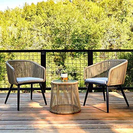 Patio Furniture Set 3-Piece Outside Bistro Set Handwoven Rattan Wicker Chairs With Waterproof Cushions Tempered Glass Table Outdoor Conversation