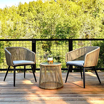Patio Furniture Set 3-Piece Outside Bistro Set Handwoven Rattan Wicker Chairs With Waterproof Cushions Tempered Glass Table Outdoor Conversation