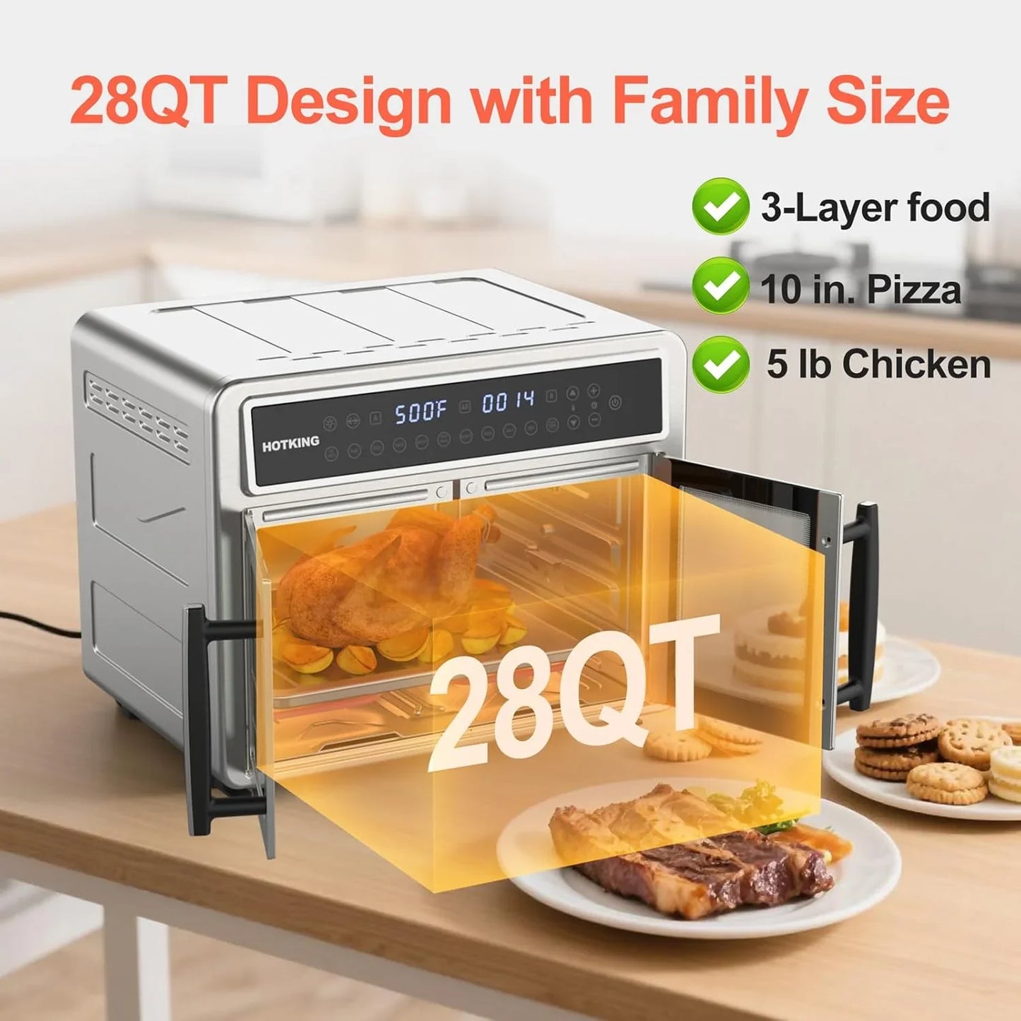 HotKing Dual-Zone Air Fryer Toaster Oven Combo, 28 Qt. Extra Large, Non Toxic Stainless Steel