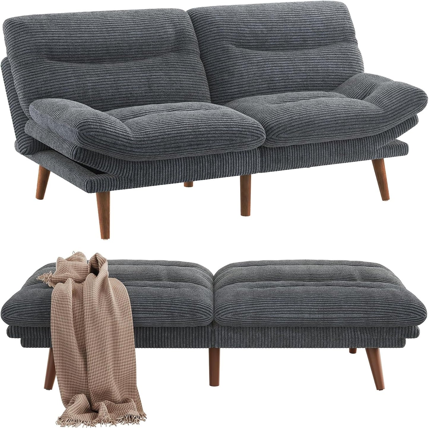 Pipishell Convertible Futon Sofa Bed, 66 In. Corduroy Futon Couch With Adjustable Backrest And Armrests, Recliner Sleeper Sofa For Small Spaces