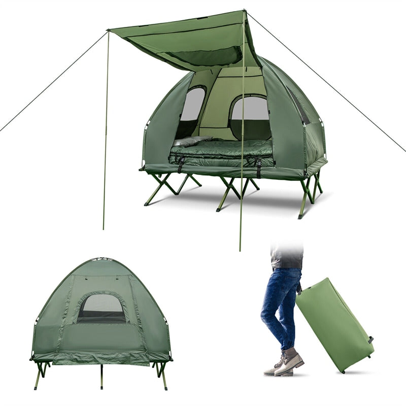 5-in-1 Tent Cot 2-Person Portable Outdoor Camping Tent Combo With Air Mattress Sleeping Bag And Sunshade
