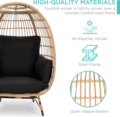 Best Choice Products Wicker Egg Chair Oversized Indoor Outdoor Lounger For Patio Backyard Living Room W/4 Cushions Steel Frame 440lb Capacity- Ivory