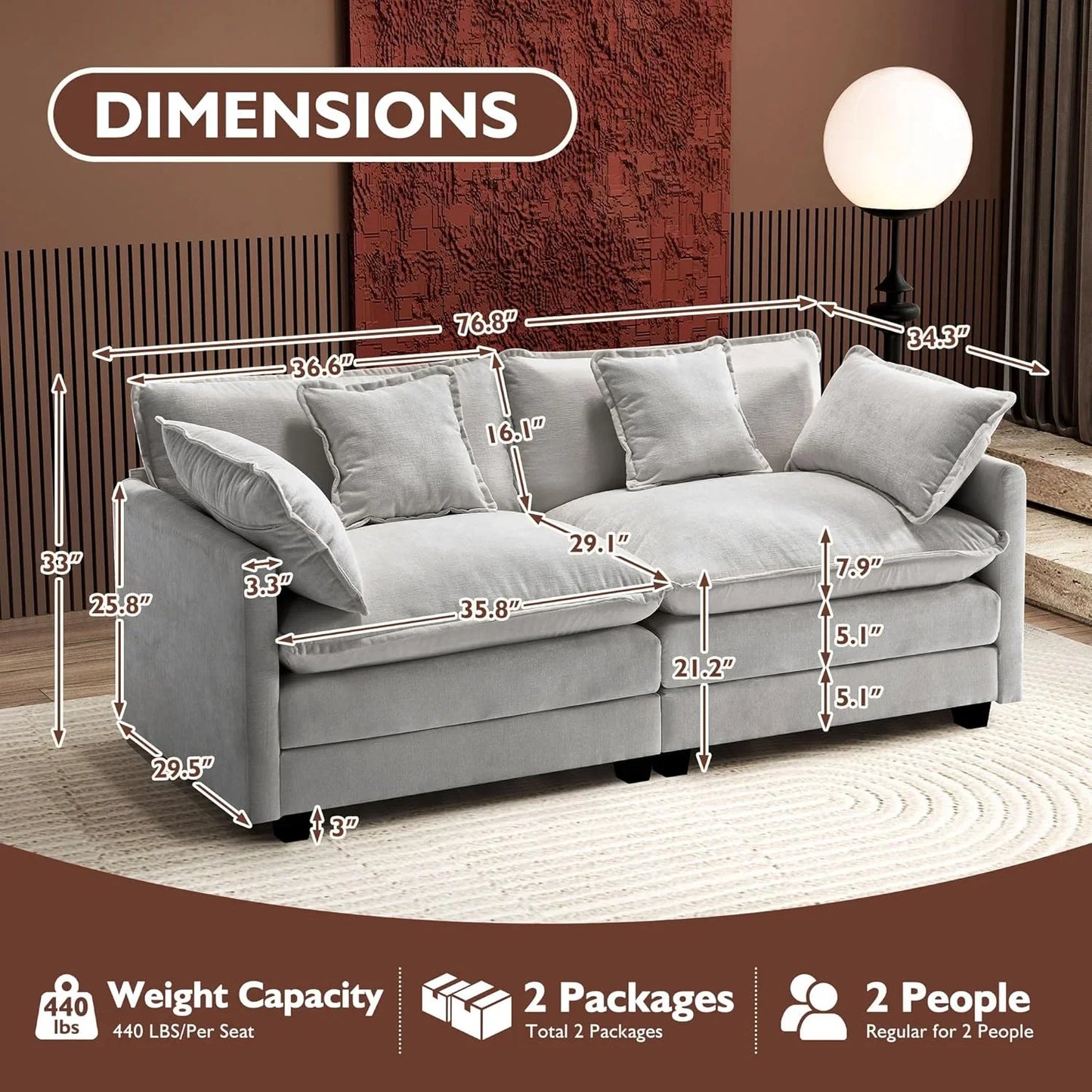 Ihanherry 146 In. U-Shaped Modern Sofa Modular Sectional Cloud Couch With 2 Ottoman