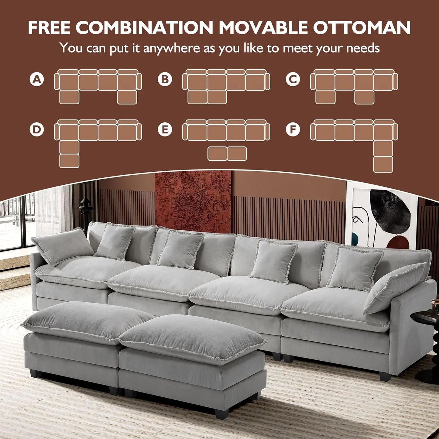 111.4 In. L-Shaped Modern Sofa Modular Cloud Sofa Ottoman 4-Seater Chenille Deep Seat Sofa