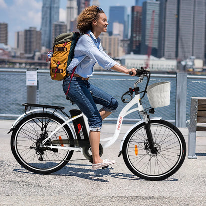Pexmor Electric Bike For Adults 350W, Peak 500W City Commuter Ebike 36V 12.5Ah Removable Battery 26 In. Cruiser Electric Bicycle Shimano 6-Speed