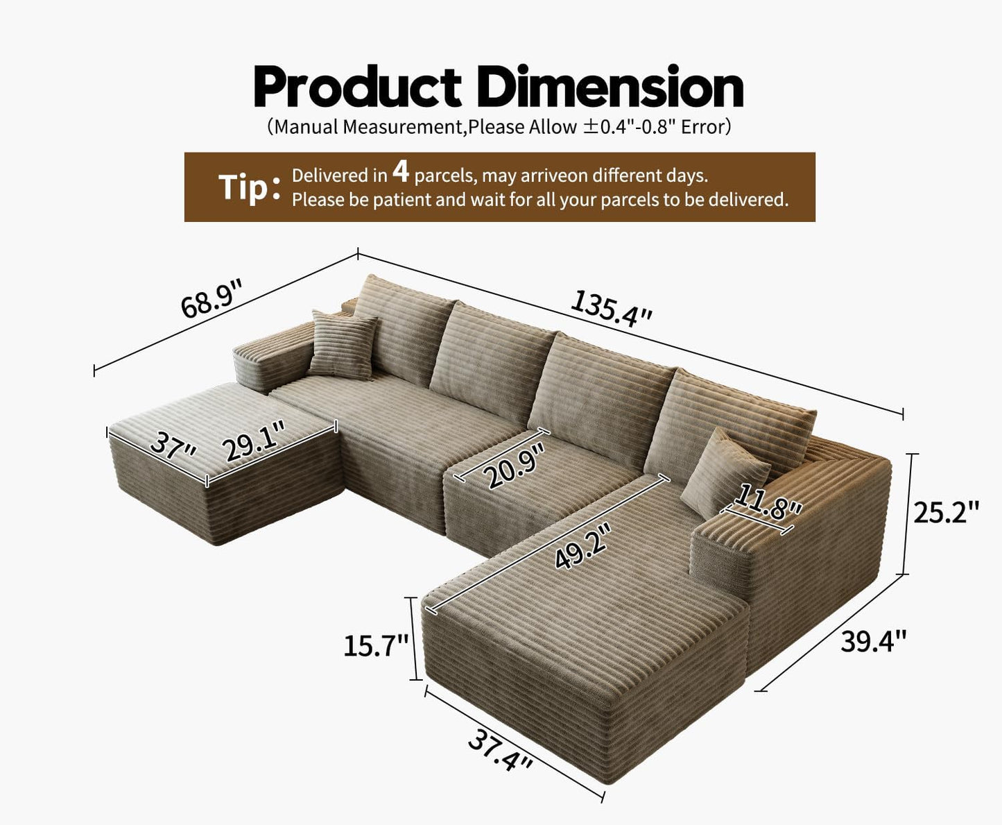 107.5 In. Cloud Modular Sectional Sofa Couch With L-Shape Chaise, Modern Minimalist Upholstered Couches For Living Room Bedroom