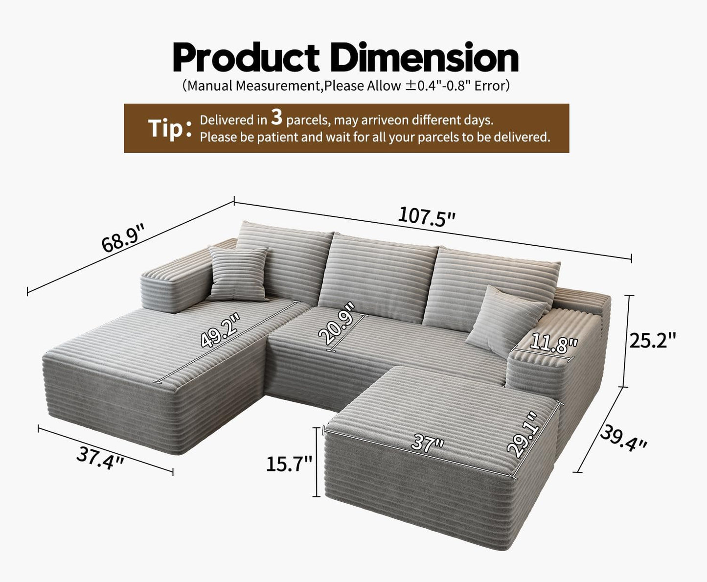 107.5 In. Cloud Modular Sectional Sofa Couch With L-Shape Chaise, Modern Minimalist Upholstered Couches For Living Room Bedroom