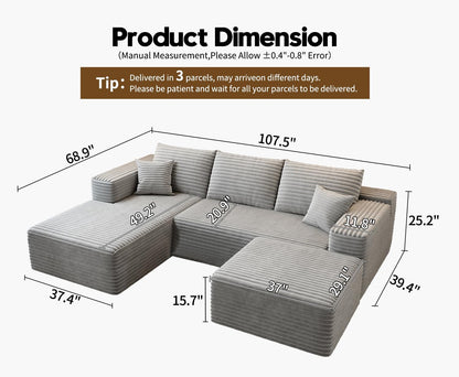 107.5 In. Cloud Modular Sectional Sofa Couch With L-Shape Chaise, Modern Minimalist Upholstered Couches For Living Room Bedroom