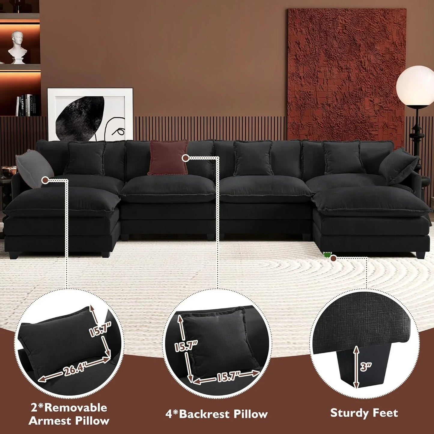 111.4 In. L-Shaped Modern Sofa Modular Cloud Sofa Ottoman 4-Seater Chenille Deep Seat Sofa