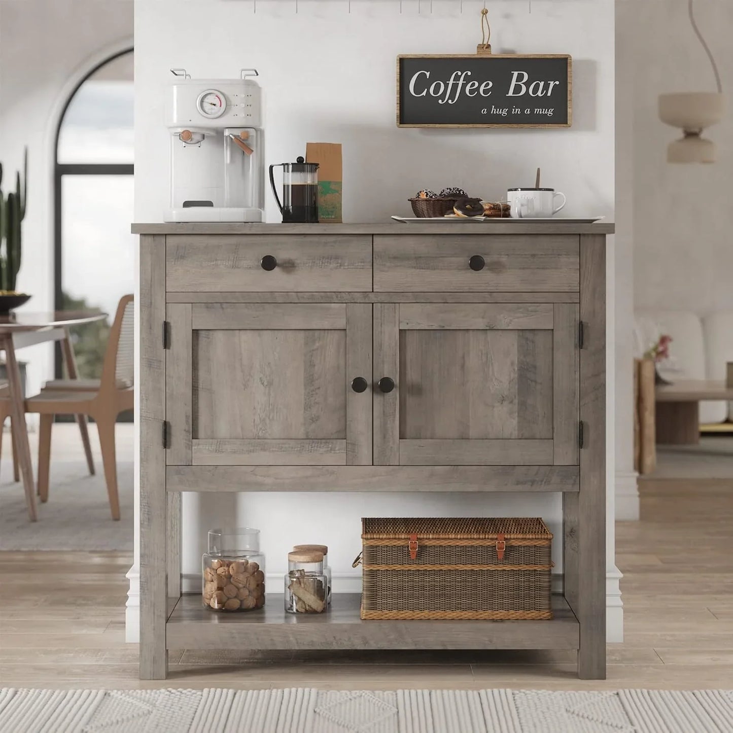 Hostack Farmhouse Console Table With 2-Door Cabinet And 2 Drawers, Coffee Bar, Entryway Table With Storage Shelf