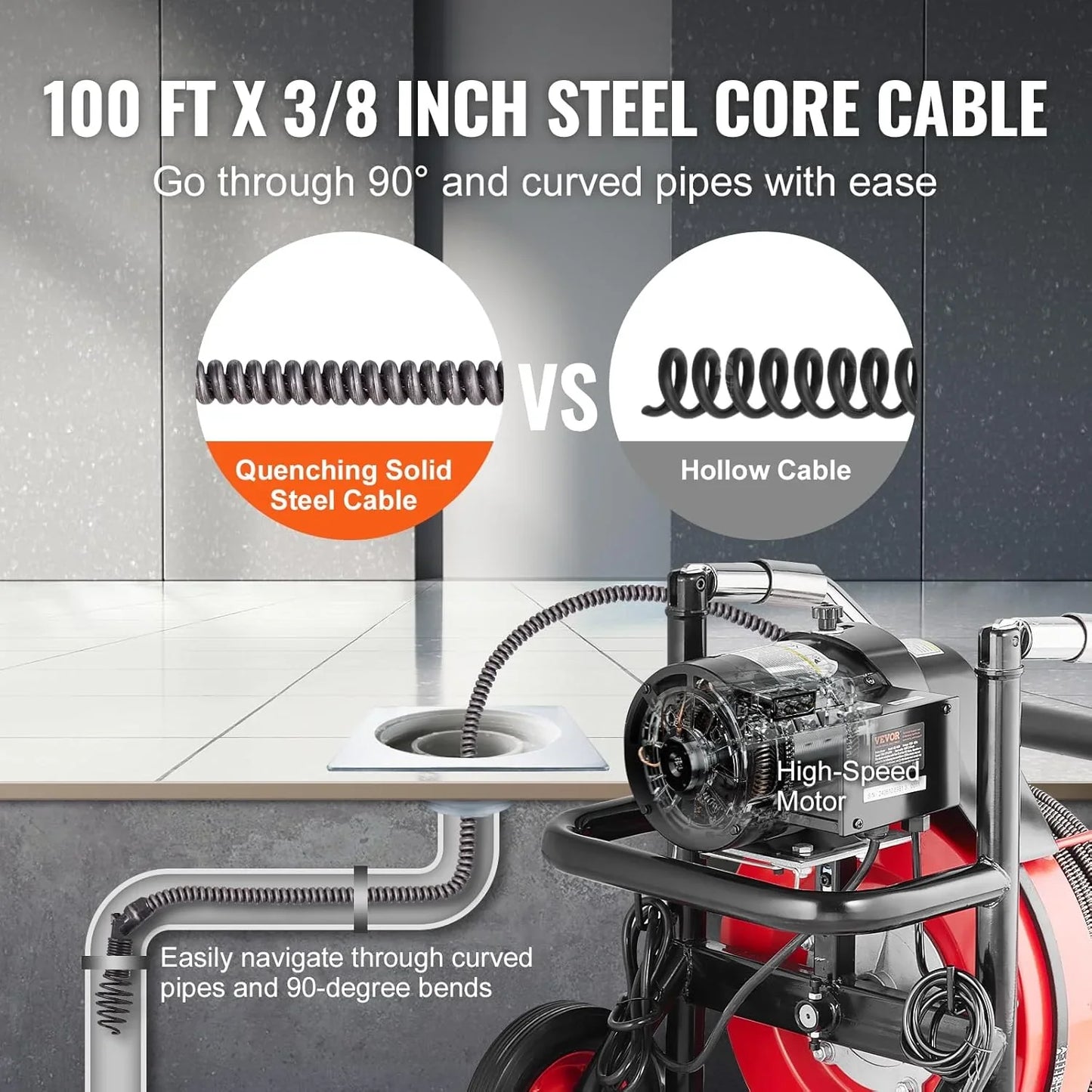Drain Cleaner Machine 100 Ft. x 1/2 In, Auto Feed Sewer Snake Auger On Wheels