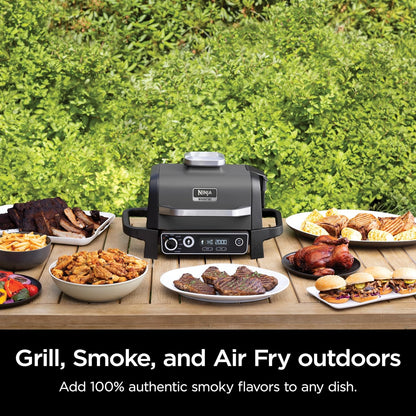 7-in-1 Grill And Smoker With Thermometer, Air Fryer, Bbq, Bake, Roast, Broil- Portable Electric Outdoor Grill, Grey