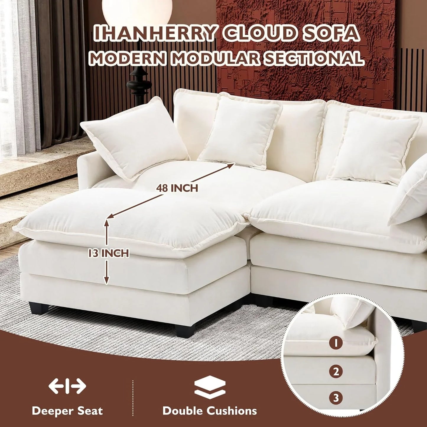 111.4 In. L-Shaped Modern Sofa Modular Cloud Sofa Ottoman 4-Seater Chenille Deep Seat Sofa