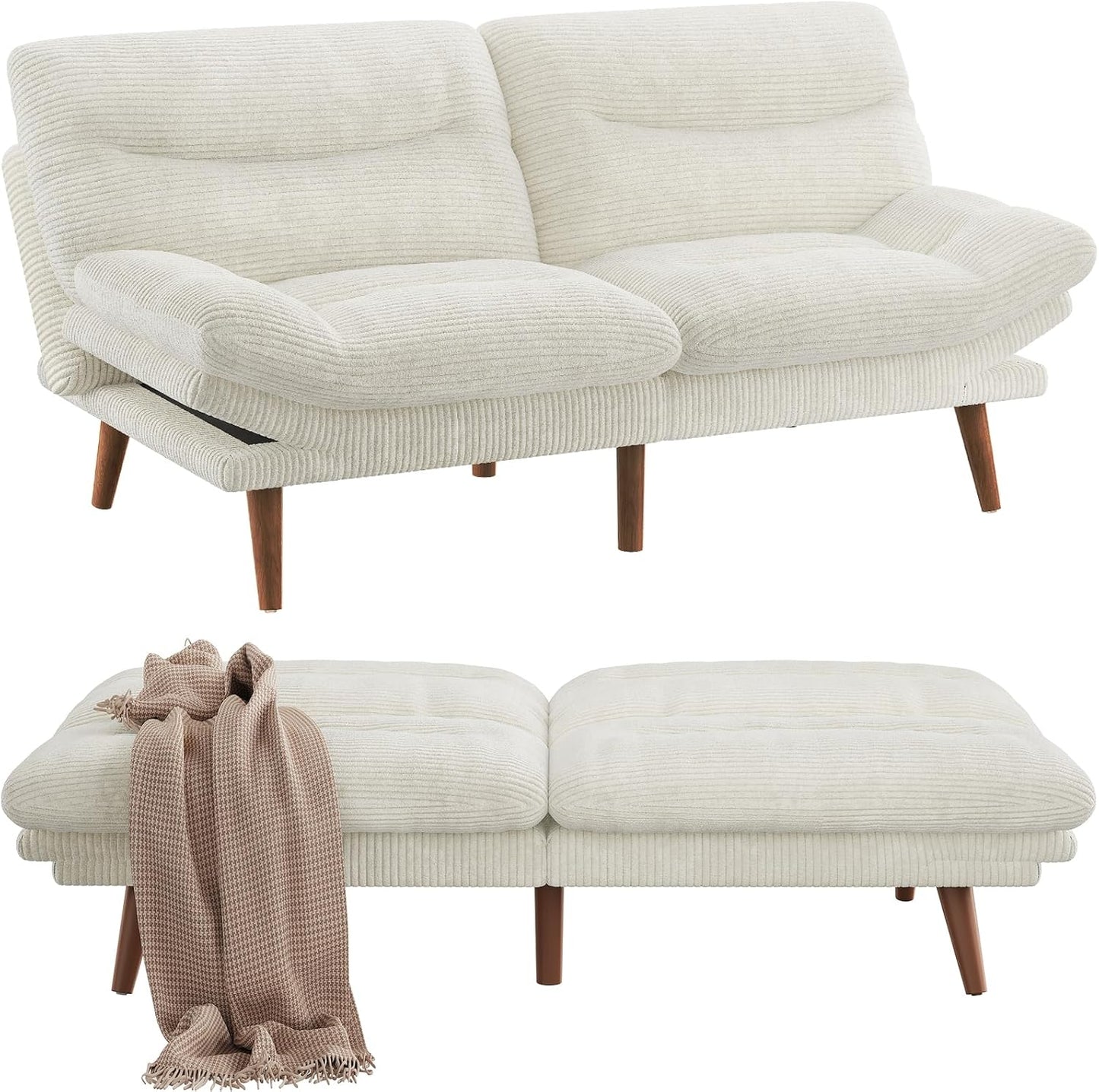 Pipishell Convertible Futon Sofa Bed, 66 In. Corduroy Futon Couch With Adjustable Backrest And Armrests, Recliner Sleeper Sofa For Small Spaces