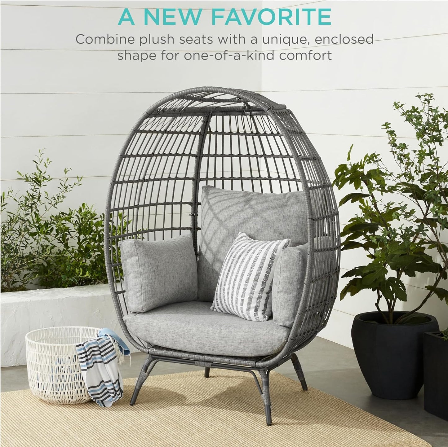 Best Choice Products Wicker Egg Chair Oversized Indoor Outdoor Lounger For Patio Backyard Living Room W/4 Cushions Steel Frame 440lb Capacity- Ivory