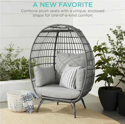 Best Choice Products Wicker Egg Chair Oversized Indoor Outdoor Lounger For Patio Backyard Living Room W/4 Cushions Steel Frame 440lb Capacity- Ivory