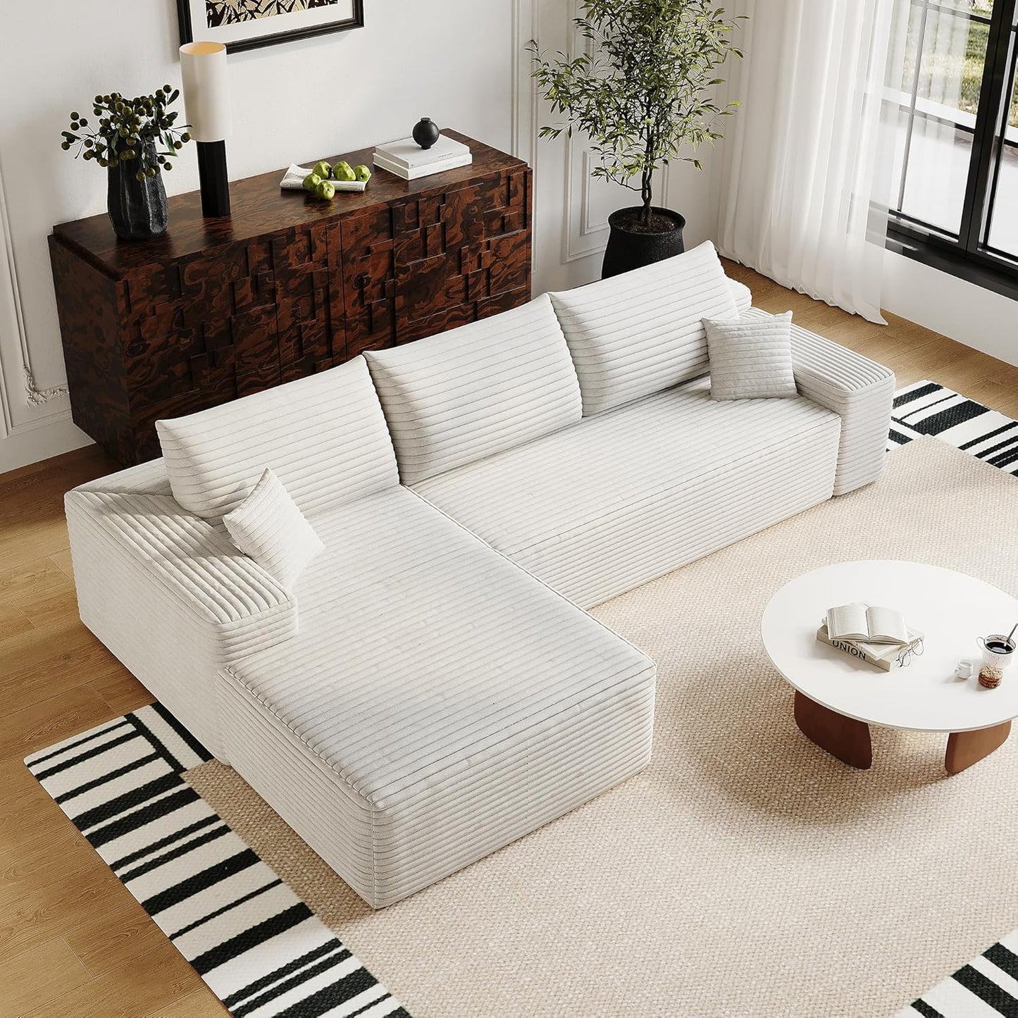 135 In. Oversized Compressed Sectional Sofa- 33D High-Density Foam Cloud Couch With Deep Seat- Minimalist 3-Piece Corduroy Upholstered Boneless