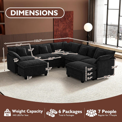 Ihanherry 146 In. U-Shaped Modern Sofa Modular Sectional Cloud Couch With 2 Ottoman
