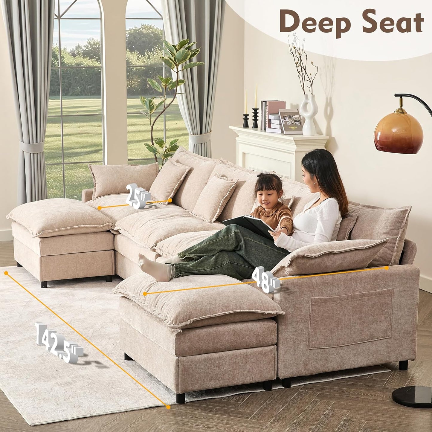 108 In. U Shape Sofa Sectional Sofa Comfortable Cloud Sofa With Removable Footstool