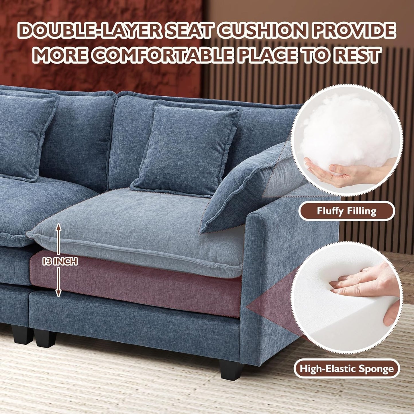 111.4 In. L-Shaped Modern Sofa Modular Cloud Sofa Ottoman 4-Seater Chenille Deep Seat Sofa