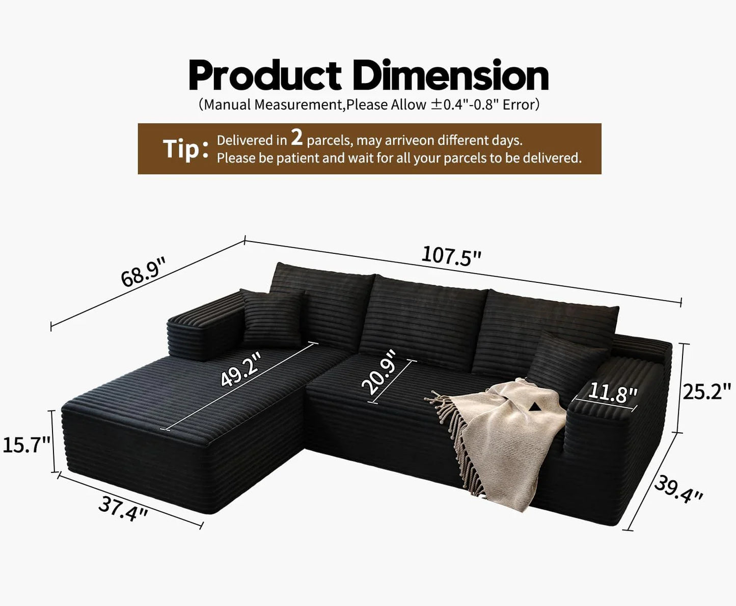 107.5 In. Cloud Modular Sectional Sofa Couch With L-Shape Chaise, Modern Minimalist Upholstered Couches For Living Room Bedroom