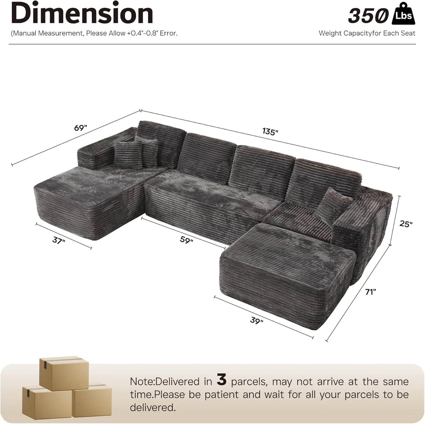Ovios 104 In. Cloud Sectional Couch With L-Shape Chaise, Modern Modular Sofa With Deep Seat, Upholstered Couches For Living Room Bedroom