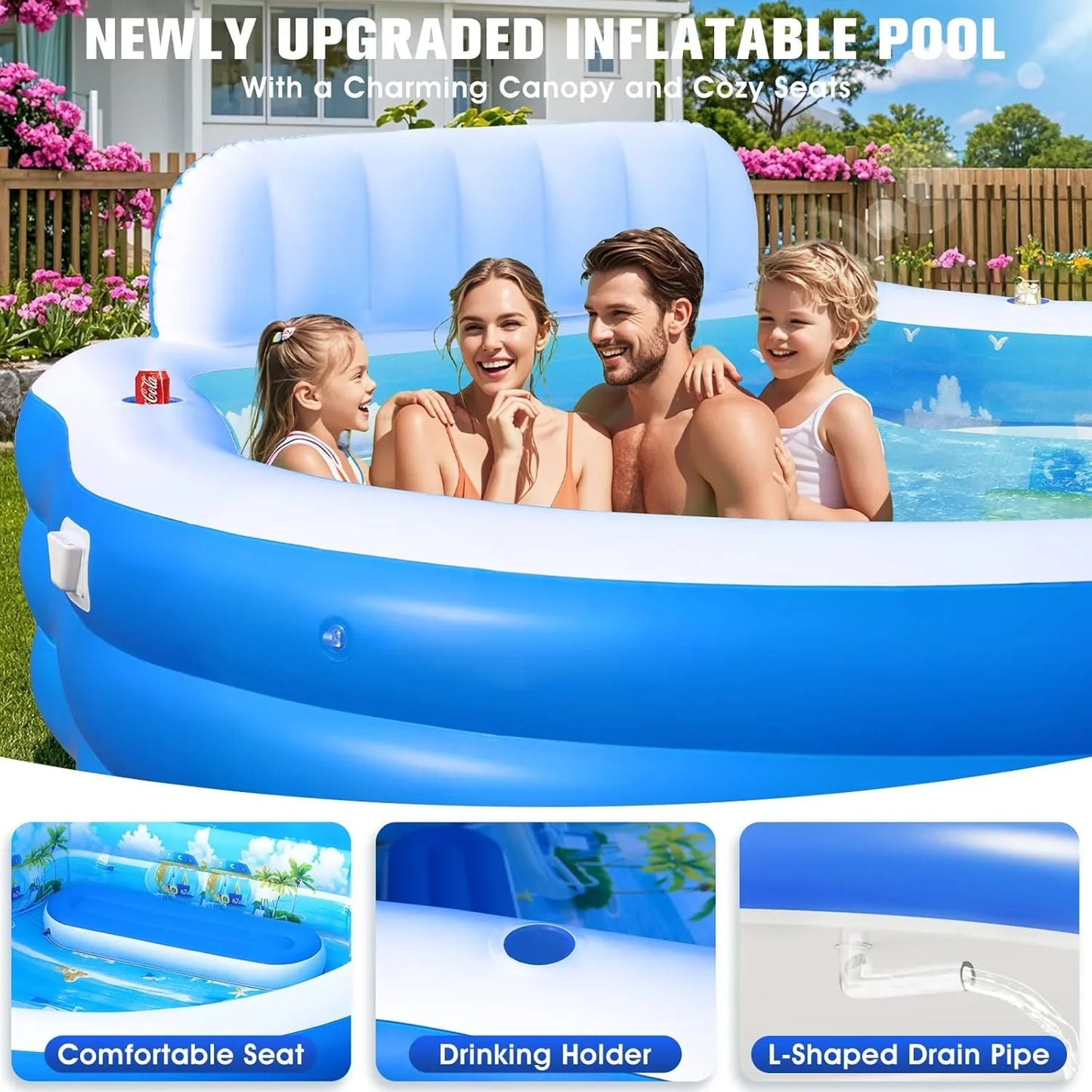 Upgraded Inflatable Pool With Canopy, Inflatable Family Lounge Pool, Round Blow Up Pool For Adult With Bench And Backrest