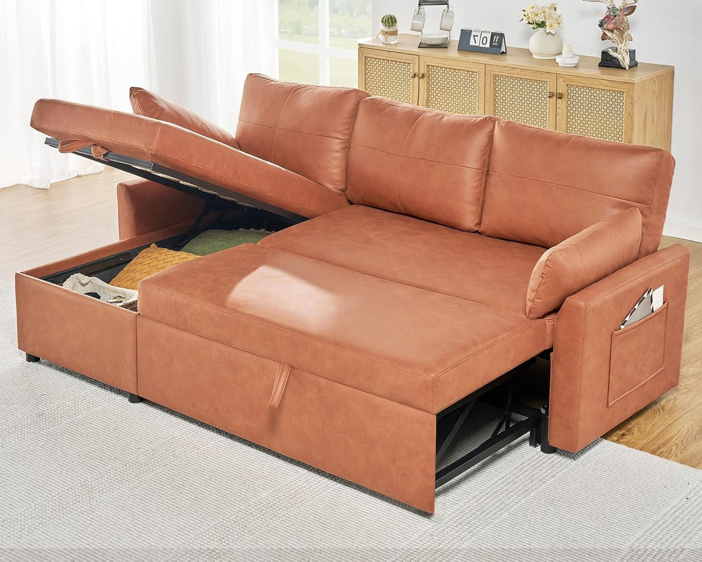 VanAcc Sofa Bed, Sleeper Sofa With Storage Chaise 2-in-1 Pull Out Couch Living Room