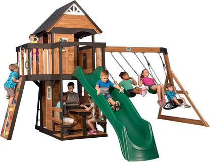 Backyard Discovery Canyon Creek Cedar Wood Swing Set With Wave Slide, Clubhouse, Play Kitchen, Picnic Area, Belt Swings, Web Swing, Rock Wall