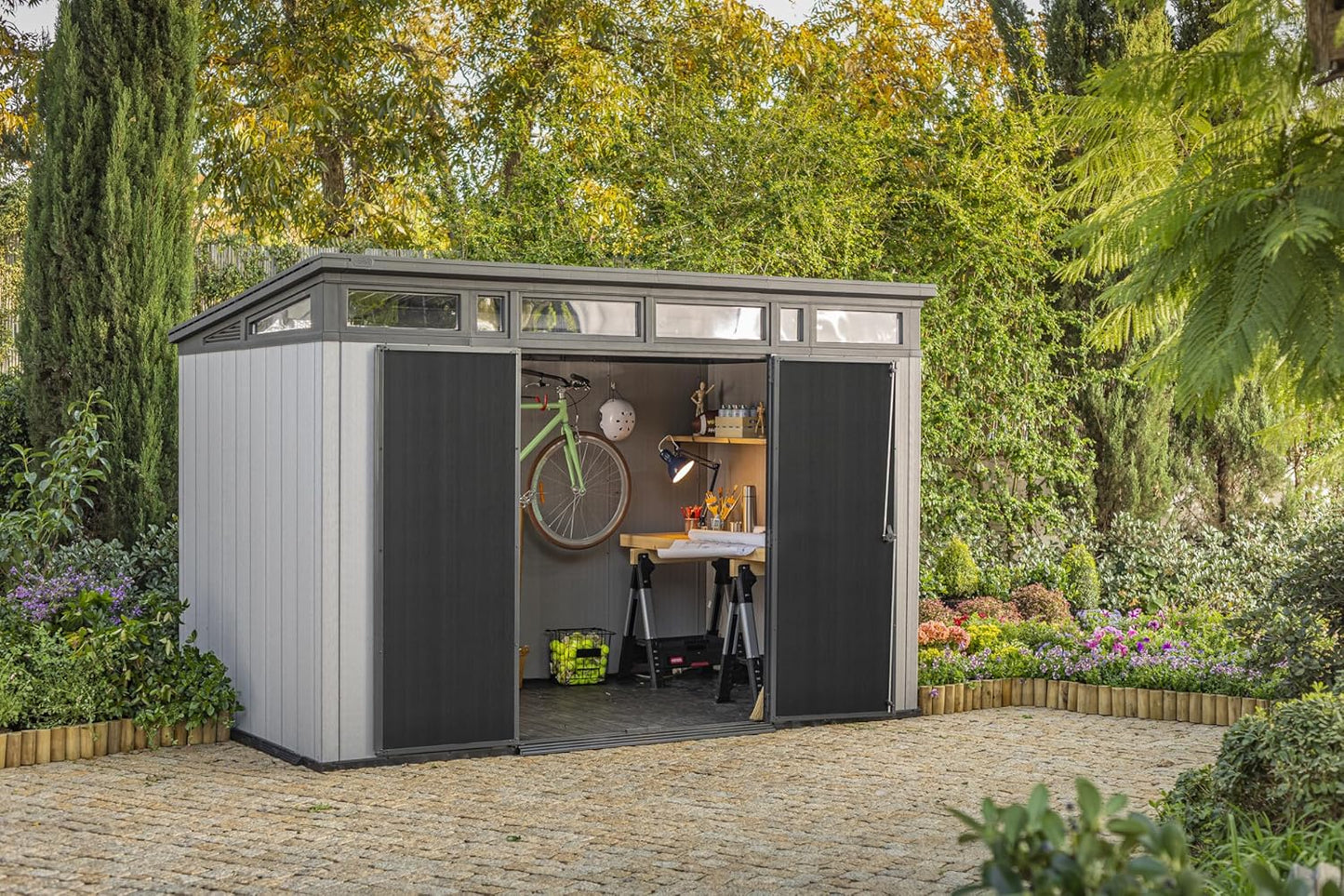 11x7 Modern Resin Outdoor Storage Shed Kit-Perfect To Store Patio Furniture, Garden Tools Bike Accessories, Beach Chairs And Lawn Mower